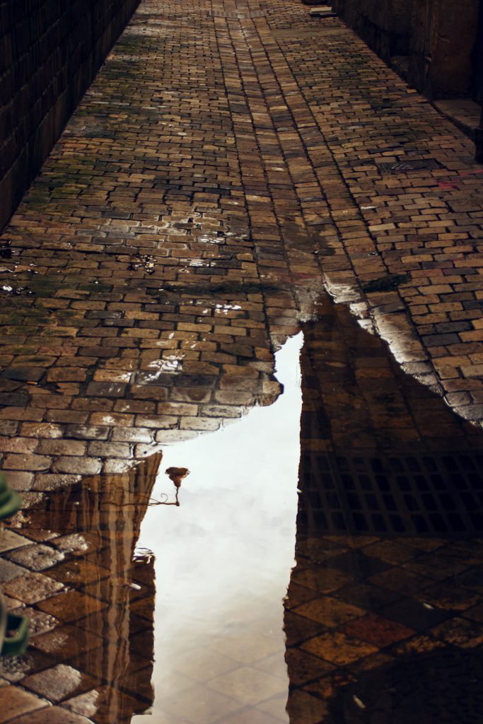 Photographie en couleur d'une flaque d'eau dans une petite rue pavée (pour la petite histoire, il s'agit de la même vue que la photographie "Bicycle" de la même catégorie).

La mise au point est faite sur un lampadaire qui se détache dans le ciel qui se reflète sur l'eau. L'image mêle le reflet de ce lampadaire et des murs des bâtiments et la texture des pavés de la rue. On distingue également une bouche d'évacuation qui semble bouché car la flaque d'eau s'est constitué autour.