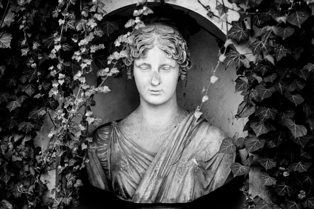 Photographie en noir et blanc d'un buste de femme entouré par des lierres. Le buste est centré sur la photo, dans une alcôve. Il manque une partie du nez à la statue.