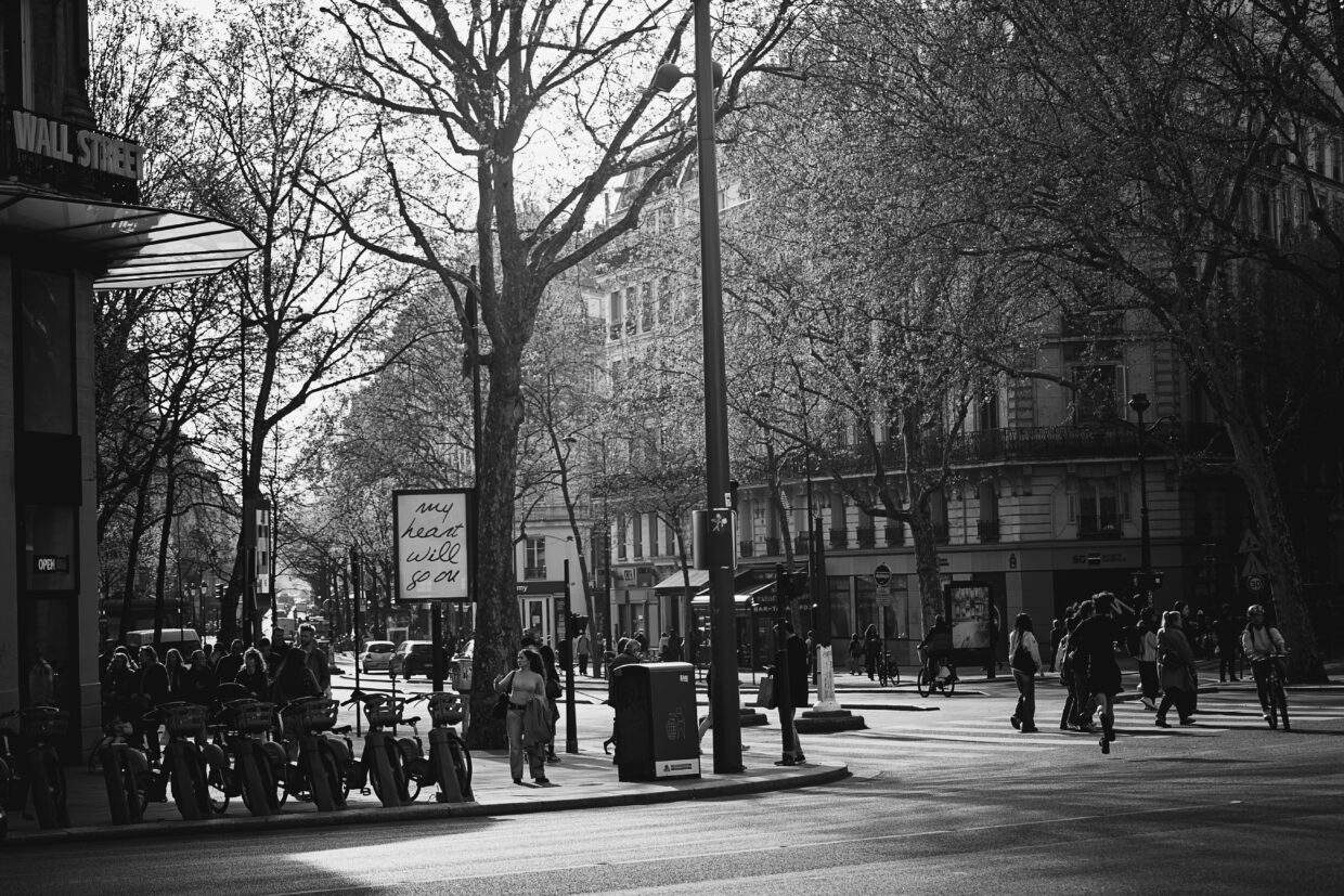 Photographie en noir et blanc d'un boulevard à Paris. Sur la route de nombreuses personnes traversent. Un peu plus loin, en arrière plan des voitures circulent. De hauts immeubles bordent la route, accompagnés d'arbres dont les branches sont aussi hautes que les immeubles. Sur le point de force bas-gauche un panneau expose le message "My heart will go on".