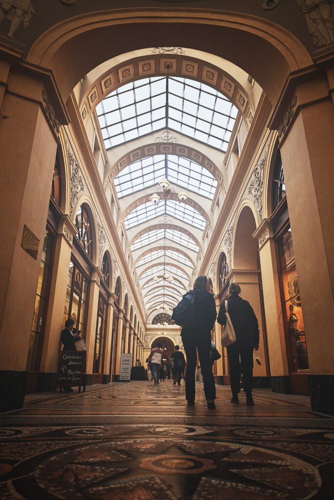 Photographie à l'intérieur de la galerie Vivienne à Paris. Sont visibles les vitrines de plusieurs magasins de part et d'autres d'une galerie dont le toit est couvert de vitre, laissant passer la lumière du jour. Le sol est pavé d'une mosaïque géométrique. Le long de la galerie plusieurs personnes sont en train de marcher, regarder les vitrines ou bien leur téléphone.